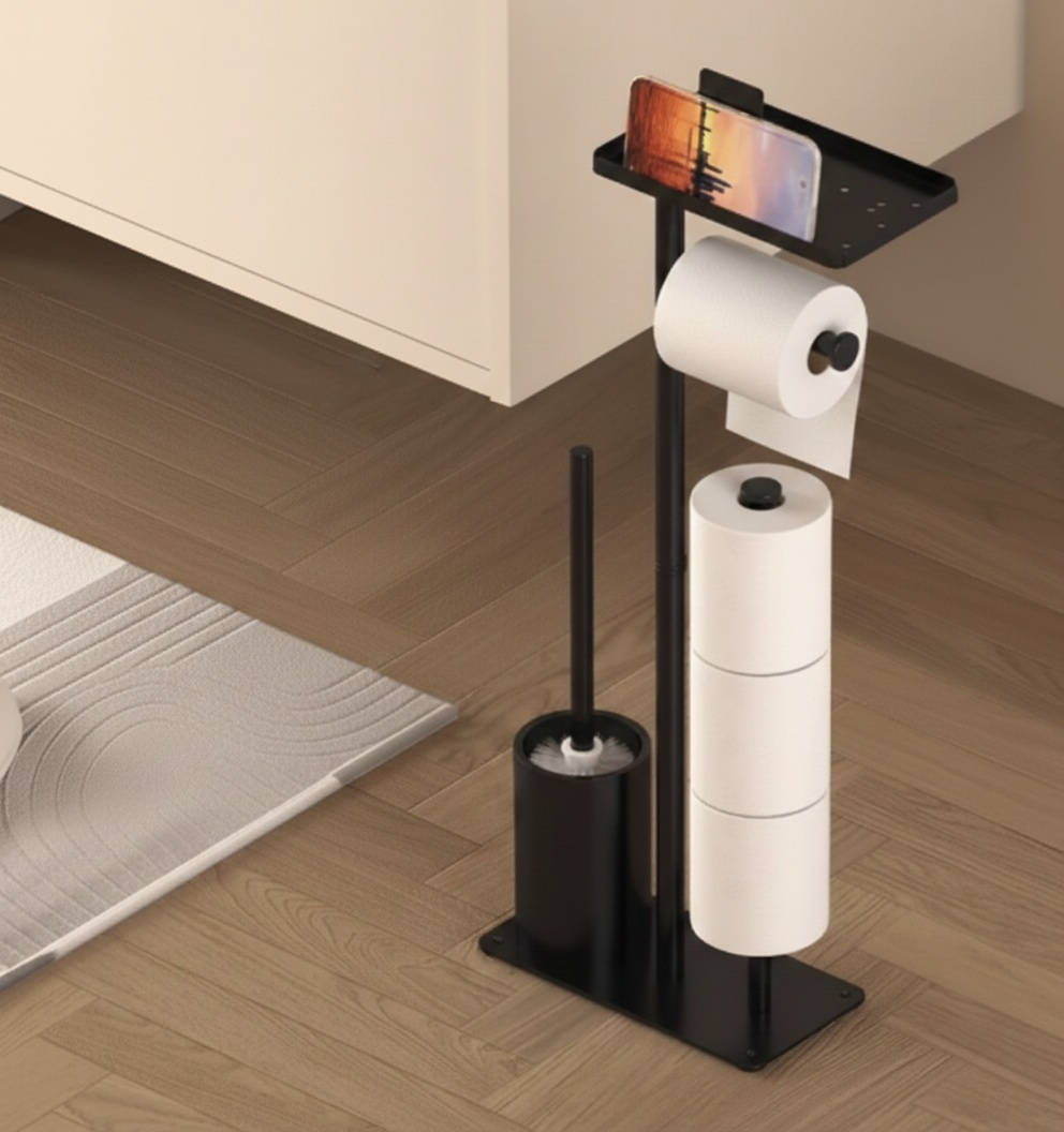 Porte-Papier Toilette sur Pied – Brosse & Support Téléphone