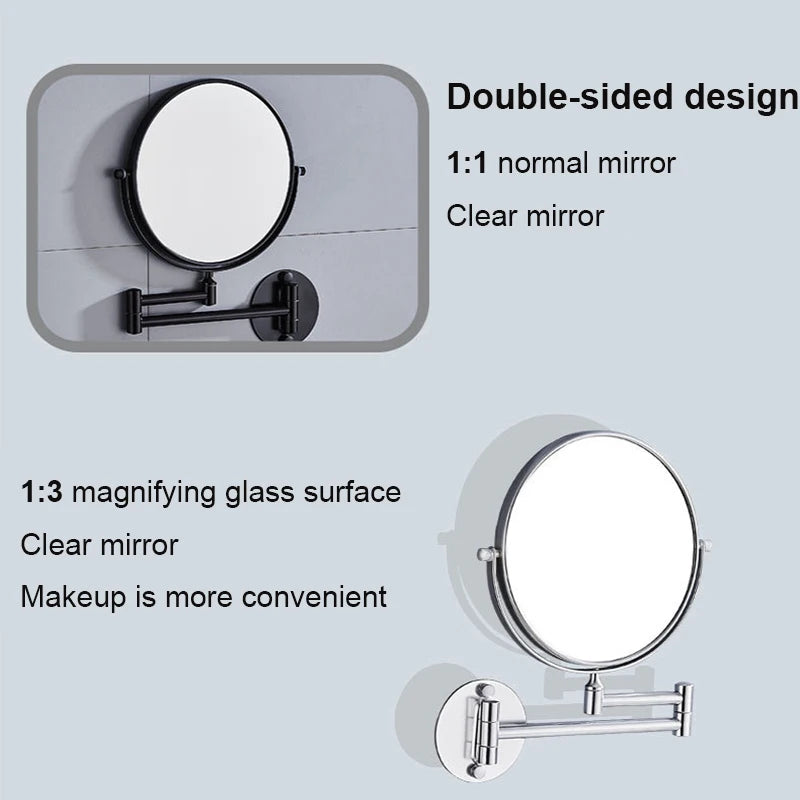 Space-Saving Wall-Mounted Makeup Mirror, 3X/1X Dual-Sided Rotating Mirror with Aluminum Frame, Foldable Design for Bathroom